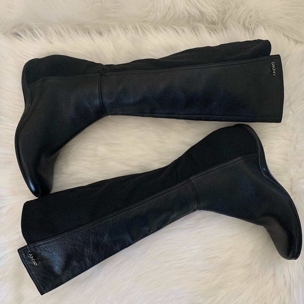 DKNY Black Leather/elastic wedge boots Size 9.5